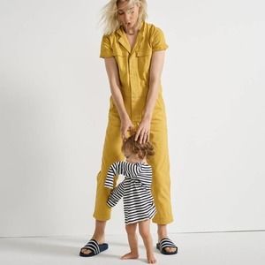 Madewell Coverall Jumpsuit Medium Yellow Button Up Short Sleeve Straight Leg
